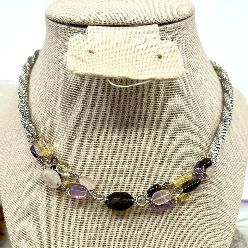 Vintage Milor Italy Sterling Silver 925 Necklace w/ Gemstones Adjustable 16-18"